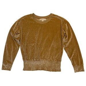 Michael Kors Tan Velvet Velour Soft Glam All Over MK Logo Pullover Top Size M